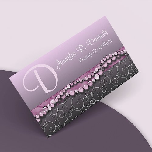 Pink Violet Beads Vintage Silver Swirl Pattern Business Card