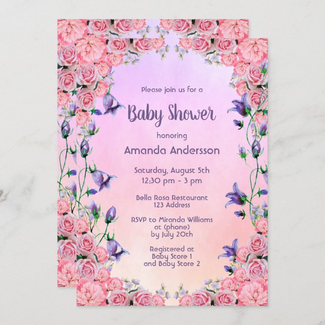 Pink violet floral Baby Shower Invitation (Front/Back)