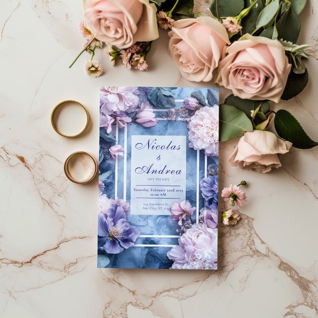 Pink Violet Floral Geometric Blue Marble Wedding Invitation (Creator Uploaded)