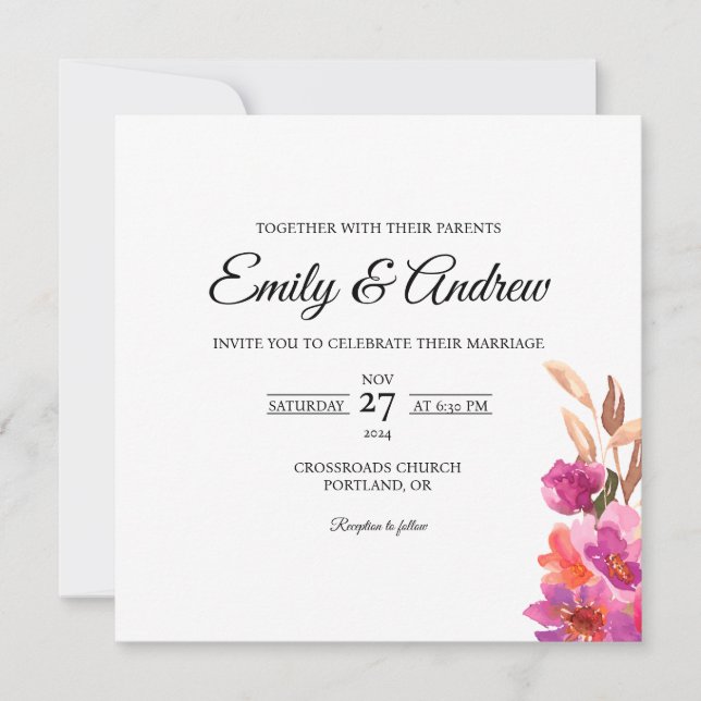 Pink Violet Floral Watercolor Square Wedding Invitation (Front)