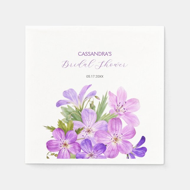 Pink Violet Geranium Floral Bridal Shower  Napkins (Front)