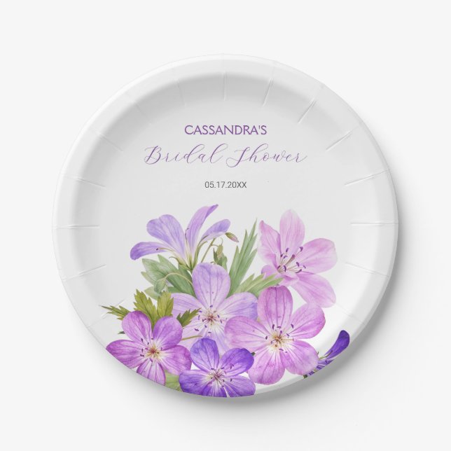 Pink Violet Geranium Floral Bridal Shower  Paper Plates (Front)