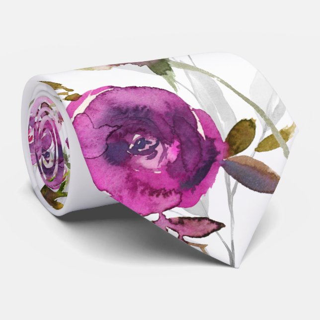Pink Violet Peony Gray Garden Wedding Neck Tie (Rolled)