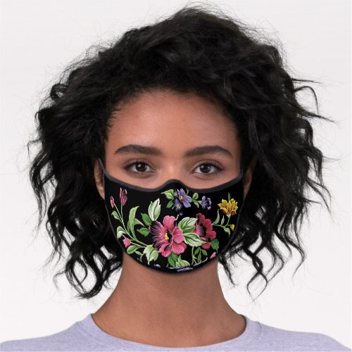 Pink Violet Purple Blue Green Floral Art On Black Premium Face Mask