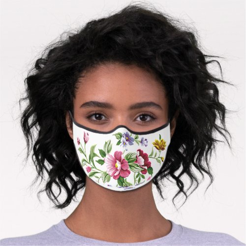 Pink Violet Purple Blue Green Floral Art On White Premium Face Mask