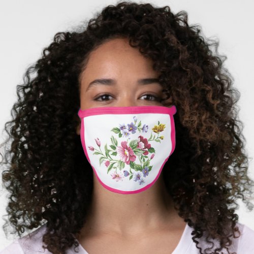 Pink Violet Purple Blue Green Flowers On White Face Mask