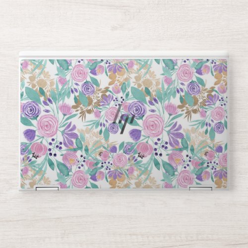 Pink Violet Purple Gold Watercolor Flowers Leaves HP Laptop Skin