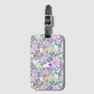 Pink Violet Purple Gold Watercolor Flowers Leaves Luggage Tag