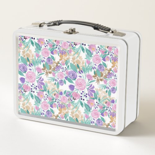 Pink Violet Purple Gold Watercolor Flowers Leaves Metal Lunch Box