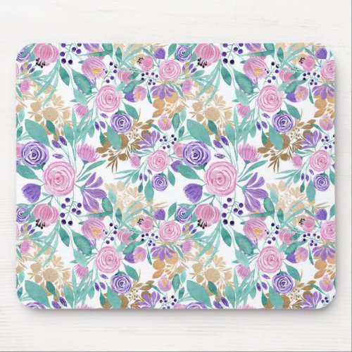 Pink Violet Purple Gold Watercolor Flowers Leaves Mouse Pad