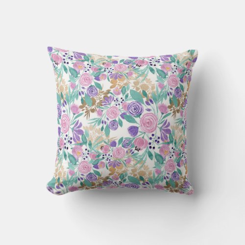 Pink Violet Purple Gold Watercolor Flowers Leaves Throw Pillow