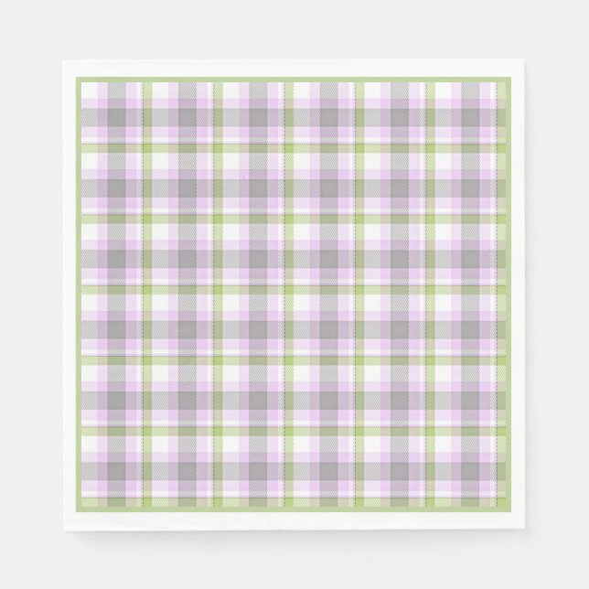 Pink Violet Purple Lime Green White Tartan Plaid Paper Napkins (Front)