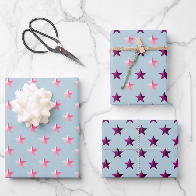 Pink Violet Purple Stars Dusty Blue Wrapping Paper Sheets (Front)