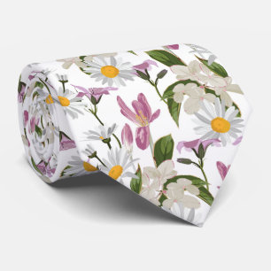 Pink violet tropical daisy and lily wildflowers neck tie