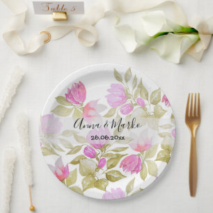 Pink Violet Watercolor Flowers Hand-painted Paper Plates