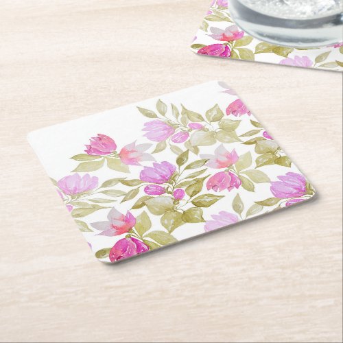 Pink Violet Watercolor Flowers Hand_painted Square Paper Coaster