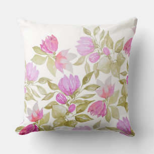 Pink Violet Watercolor Flowers Hand-painted Throw Pillow