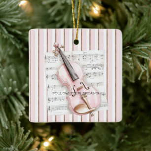 Pink Violin Music Sheet Ceramic Ornament