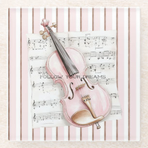 Pink Violin Music Sheet Glass Coaster