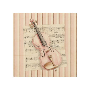 Pink Violin Music Sheet Wood Wall Art