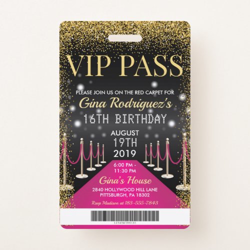 Pink VIP Pass Hollywood Red Carpet Birthday Badge