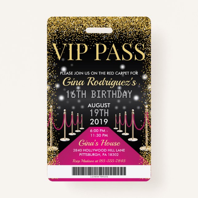Pink VIP Pass Hollywood Red Carpet Birthday Badge (Front)