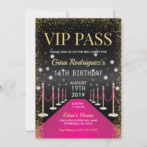 Pink VIP Pass Hollywood Red Carpet Birthday Invitation