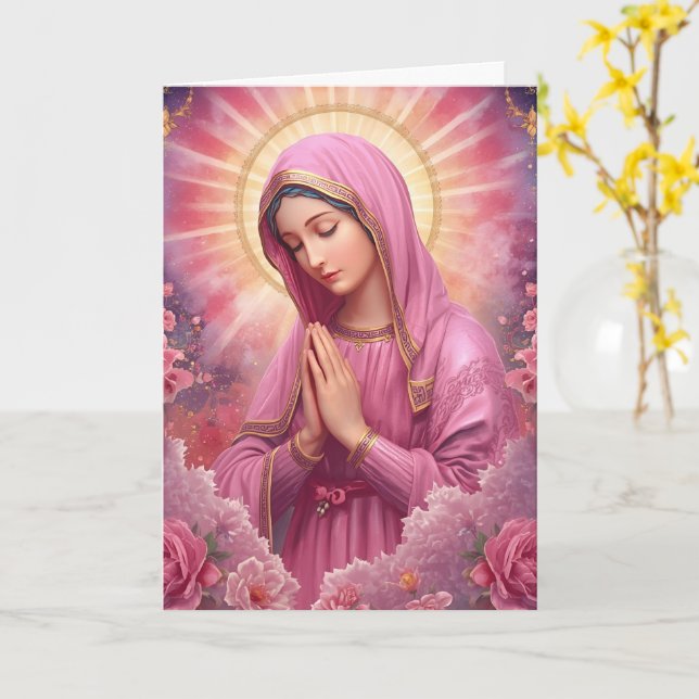 Pink VIrgin Mary Memorial Card (Yellow Flower)
