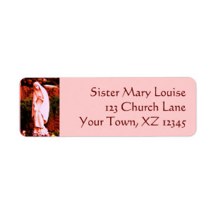 Pink Virgin Mary Statue Label