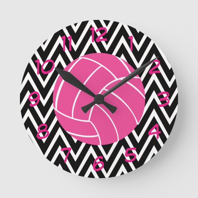 Pink Volleyball Chevron Zigzag Pattern Wall Clock (Front)