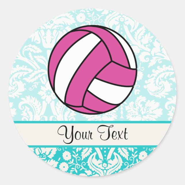 Pink Volleyball; Damask Pattern Classic Round Sticker (Front)