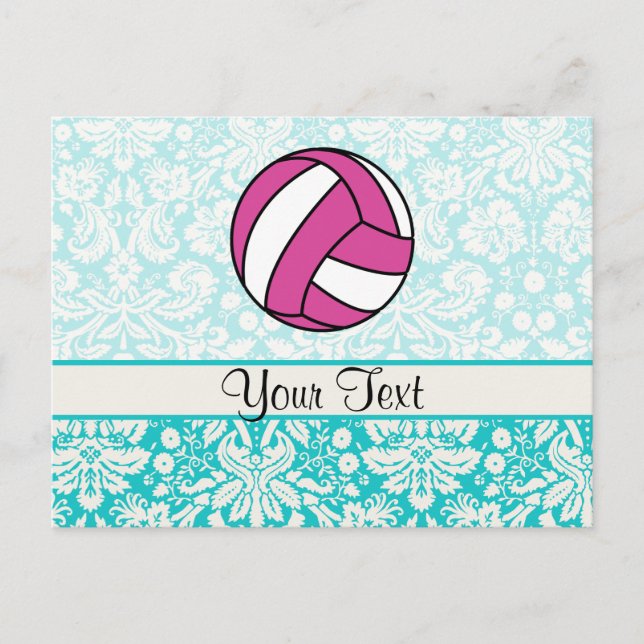 Pink Volleyball; Damask Pattern Postcard (Front)