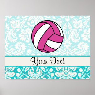 Pink Volleyball; Damask Pattern Poster