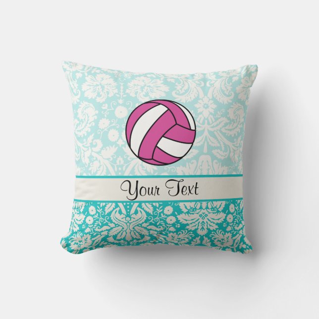 Pink Volleyball; Damask Pattern Throw Pillow (Front)