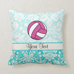 Pink Volleyball; Damask Pattern Throw Pillow