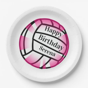 Pink Volleyball Happy Birthday Custom Paper Party Plates
