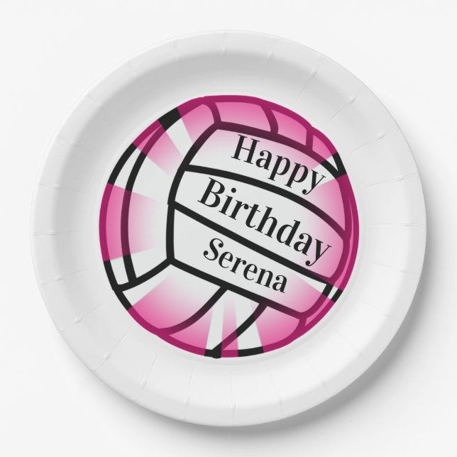 Pink Volleyball Happy Birthday Custom Paper Party Plates (Front)