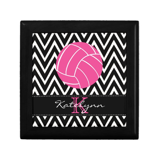 Pink Volleyball Monogram Chevron Jewelry Box (Front)