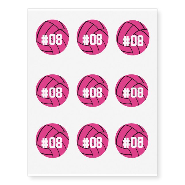 Pink Volleyball Player Number Temporary Tattoos (Front)
