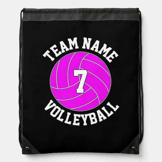 Pink Volleyball Team Name and Player Number Custom Drawstring Bag (Front)