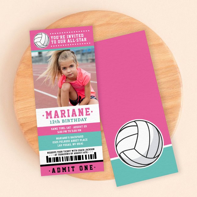 Pink Volleyball Ticket Birthday Photo Invitation (Creator Uploaded)