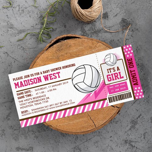 Pink Volleyball Ticket Pass Baby Shower Invitation