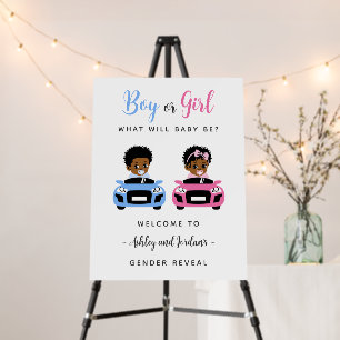 Pink vs Blue Race Car Gender Reveal Welcome Sign