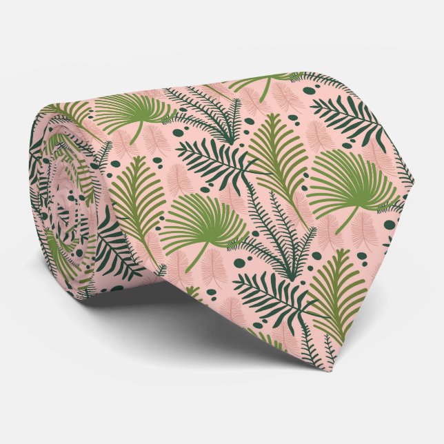 Pink w/Light and Dark Green Tropical Leaf Neck Tie (Rolled)