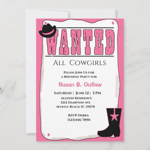 Pink Wanted Poster Birthday Invitation