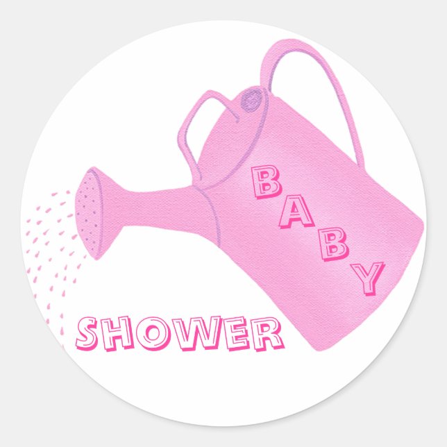 Pink water can, baby shower stickers (Front)