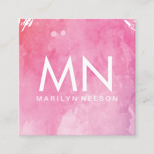 Pink Water Color Monogram Square Business Card (Front)