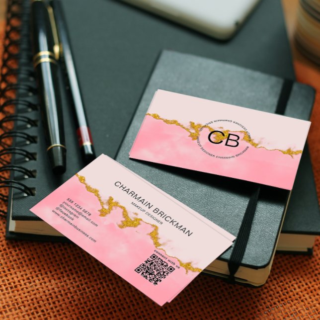Pink Water Color QR Code Monogram Business Card (Creator Uploaded)