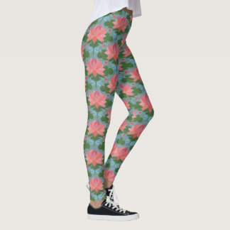 Pink Water Lilies and Blue Dragonflies on Blue Leggings