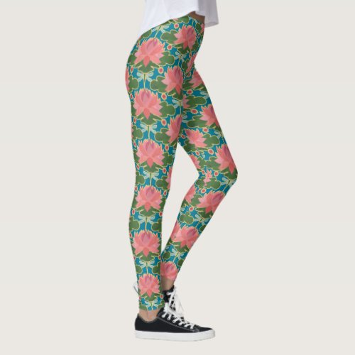 Pink Water Lilies and Blue Dragonflies on Teal Leggings